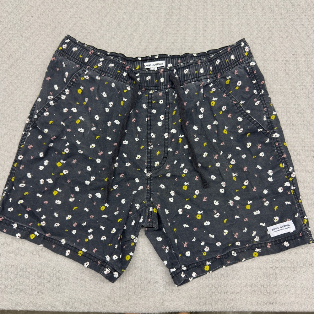 Banks Journal Shorts Mens 32 Black Floral Cotton Blend Elastic Waist Drawstring